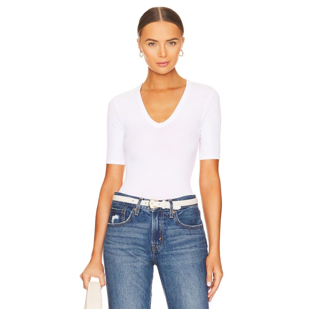 Enza Costa Half Sleeve Top Ribbed Silk Blend T-Shirt White Women's Size XL